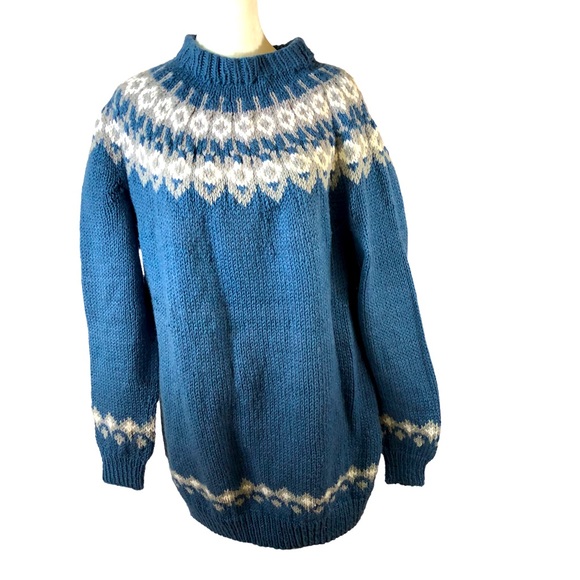 Handknit Sweaters - Hand knit Fair Isle Sweater Unisex XL Pullover Blue with Grey and White Design